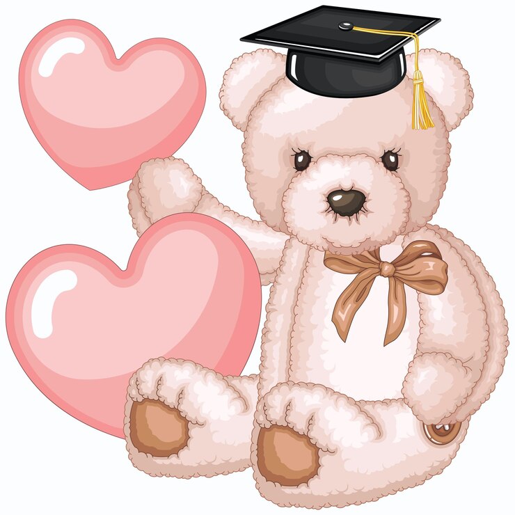 Vettore illustrazione vettoriale di un cucciolo di orsacchiotto carino laureato con un berretto di laurea con cuori rosa