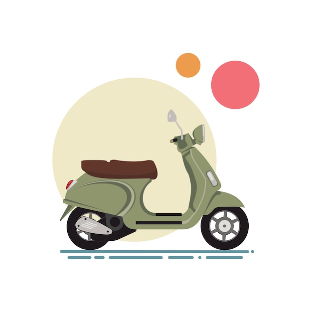 Illustrazione vettoriale di un design piatto dello scooter. Scooter classico su uno sfondo di cerchi colorati.