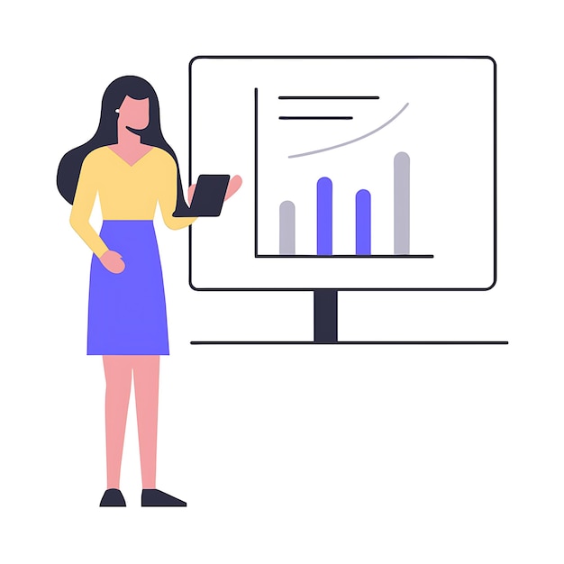 Illustrazione vettoriale di un dipendente che fa una presentazione sulla crescita delle vendite utilizzando grafici