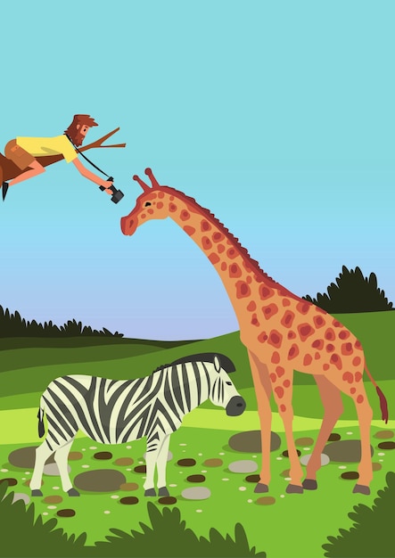 Illustrazione vettoriale di un fotografo che si arrampica su un albero per fotografare zebre e giraffe