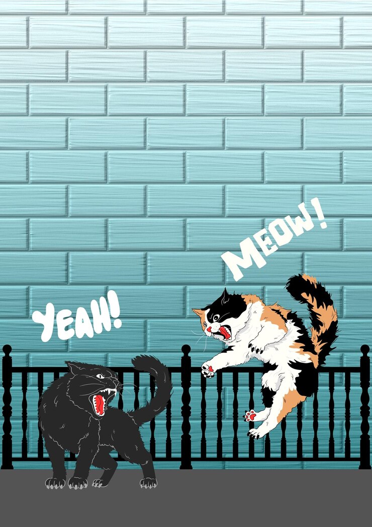 Vettore illustrazione vettoriale di un gatto nero che combatte con un gatto arancione nel mezzo della strada
