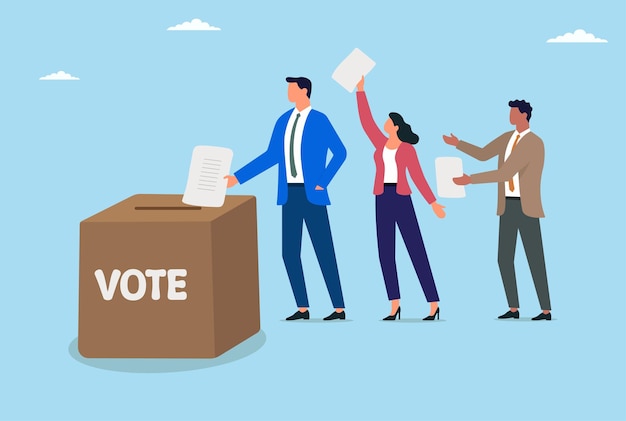 Illustrazione vettoriale di un gruppo di persone che votano con le schede elettorali in una grande scatola