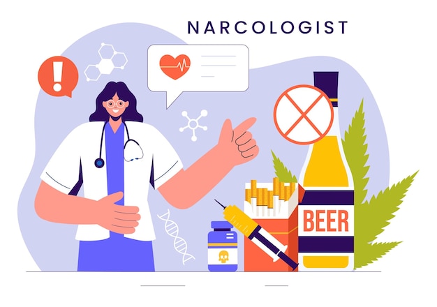 Illustrazione vettoriale di un narcologo con un medico consapevolezza della tossicodipendenza e problemi di alcol e tabacco nell'assistenza sanitaria su uno sfondo piatto