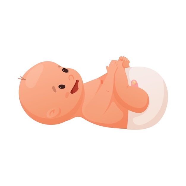 Illustrazione vettoriale di un neonato che ride in un pannolino si trova sulla schiena isolata su bianco