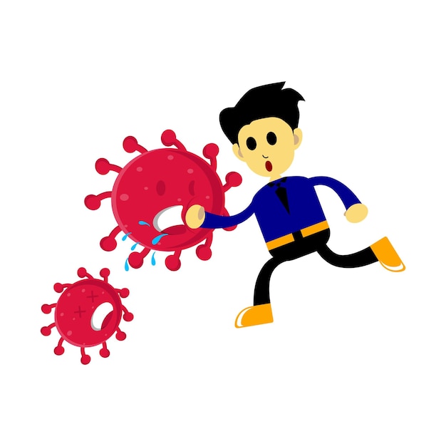Illustrazione vettoriale di un personaggio dei cartoni animati che combatte un virus con un pugno