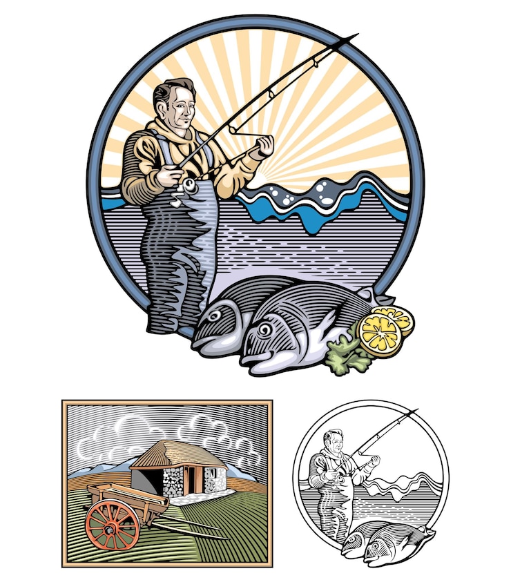 Vettore illustrazione vettoriale di un pescatore fatta in stile in legno retro