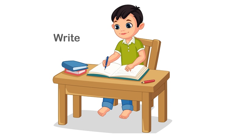 Vettore illustrazione vettoriale di un ragazzo che scrive in un libro