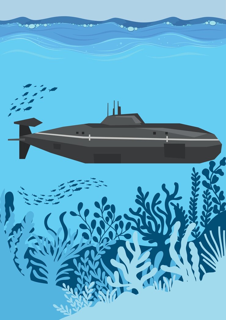 Vettore illustrazione vettoriale di un sottomarino in mezzo al mare profondo
