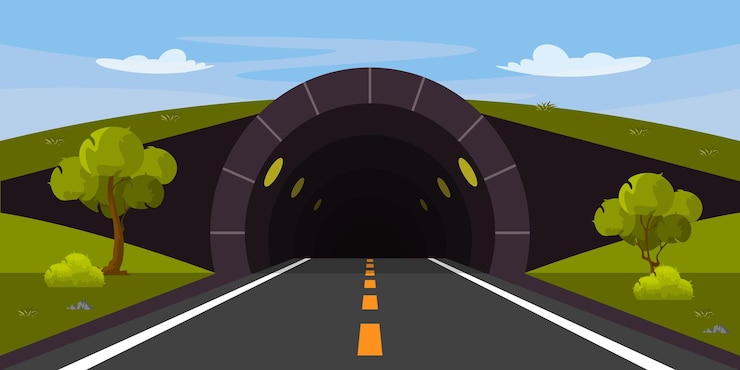 Vettore illustrazione vettoriale di un tunnel stradale in stile cartone animato strada per auto alberi erba e cespugli intorno contro un cielo limpido attraversamento sotterraneo con illuminazione gialla