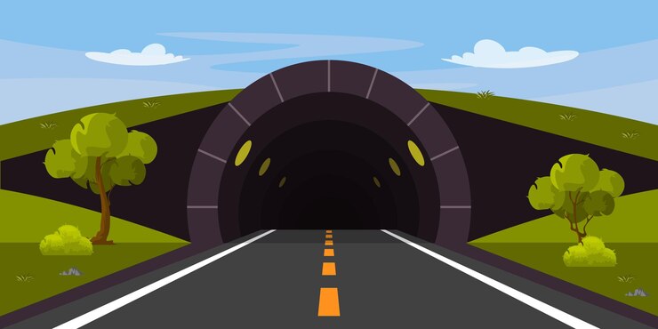 Vettore illustrazione vettoriale di un tunnel stradale in stile cartone animato strada per auto alberi erba e cespugli intorno contro un cielo limpido attraversamento sotterraneo con illuminazione gialla