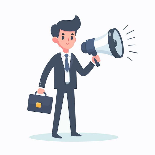 Illustrazione vettoriale di un uomo d'affari con un megafono in stile flat design
