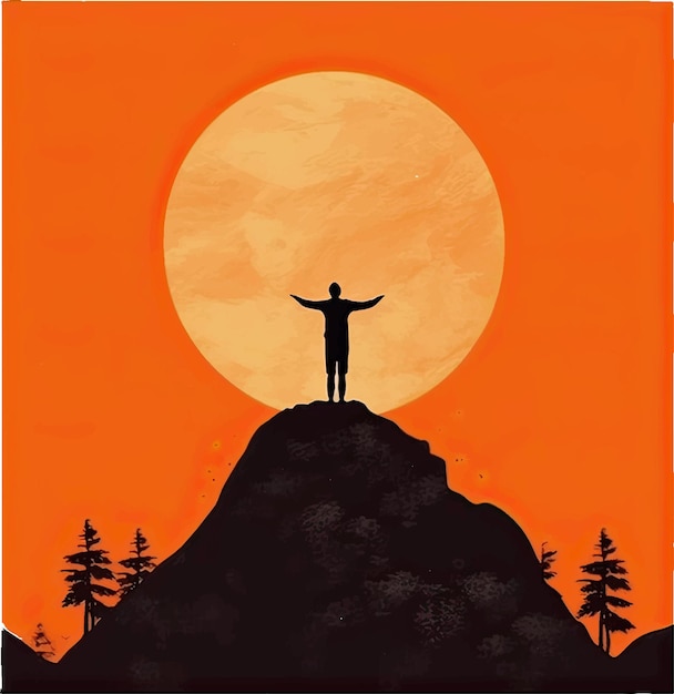 illustrazione vettoriale di un uomo in piedi su una collina con la luna sullo sfondo