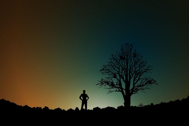 illustrazione vettoriale di un uomo notturno vicino a un albero nel bagliore