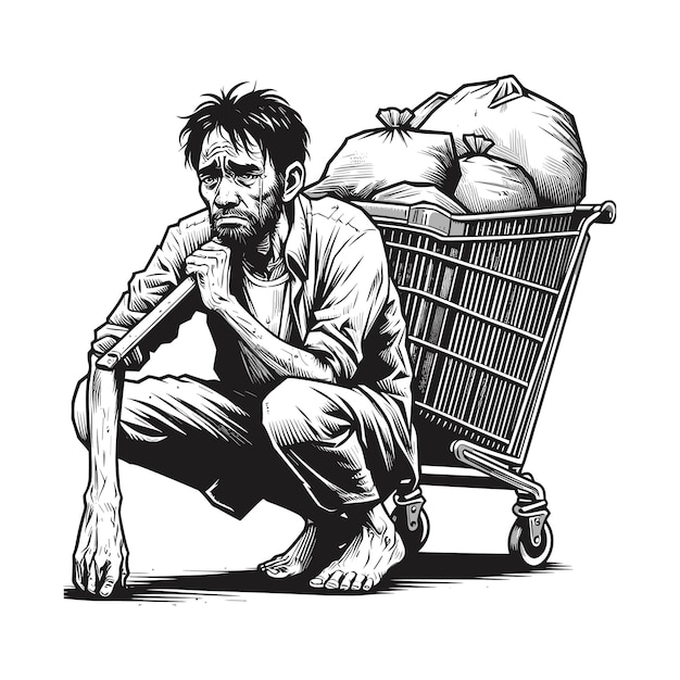 illustrazione vettoriale di un uomo povero che lavora sodo indossando vestiti stracciati e un cappello che porta un pesante l