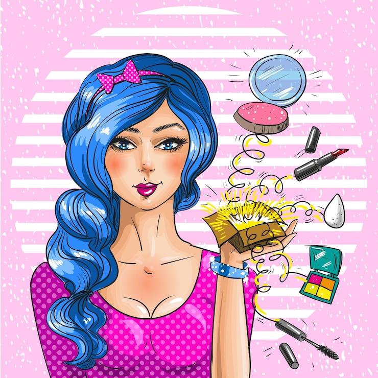 Vettore illustrazione vettoriale di una bella donna visagista con una scatola piena di trucco artista del trucco professionista in stile fumetto retro pop art