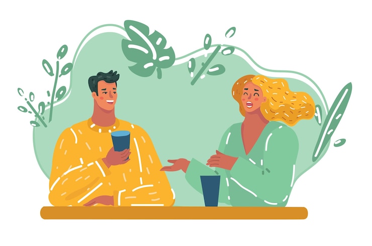 Vettore illustrazione vettoriale di una coppia di innamorati romantici che beve caffè e ha un appuntamento al bar