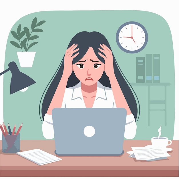 Illustrazione vettoriale di una donna che si stressano facilmente al lavoro con un design piatto semplice e minimalista