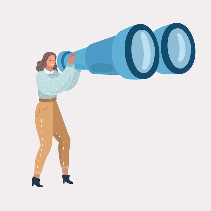 Vettore illustrazione vettoriale di una donna che tiene un binocolo gigante su sfondo bianco
