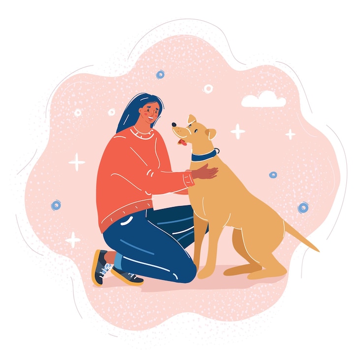Vettore illustrazione vettoriale di una donna felice che accarezza il suo cane