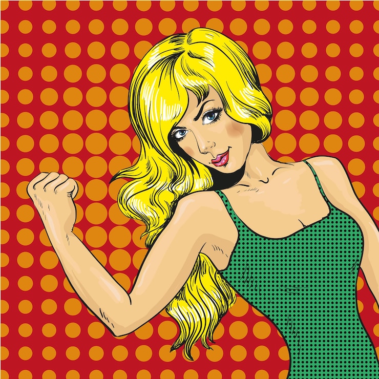Vettore illustrazione vettoriale di una giovane donna che mostra i muscoli in stile comico retro pop art una ragazza abbastanza forte con una figura sportiva