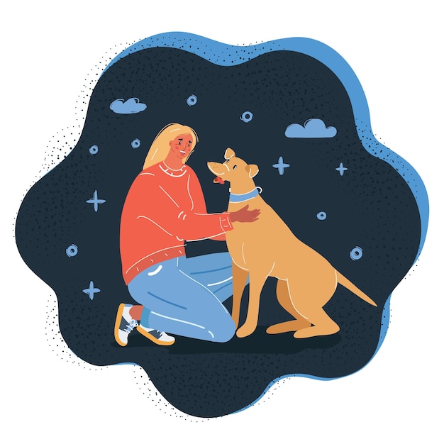 Illustrazione vettoriale di una giovane donna con il suo cane su sfondo scuro