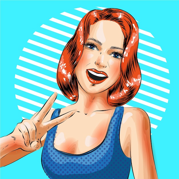 Illustrazione vettoriale di una giovane ragazza sorridente che mostra la vittoria o la pace segno di mano o gesto Bella ragazza pinup che gesticola in stile comico retro pop art