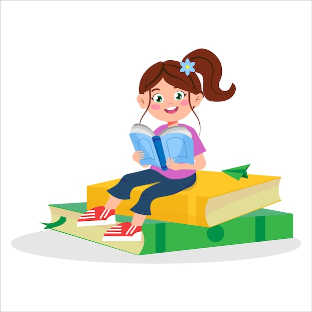 Illustrazione vettoriale di una ragazza a cui piace leggere Una scena di cartone animato di una ragazza sorridente che tiene in mano un libro aperto e seduta su una pila di libri isolati su uno sfondo bianco