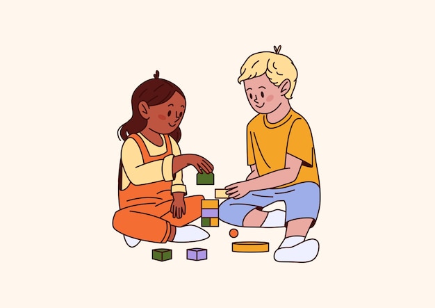 Illustrazione vettoriale di una ragazza afroamericana e di un ragazzo bianco che giocano con blocchi di giocattoli sul pavimento