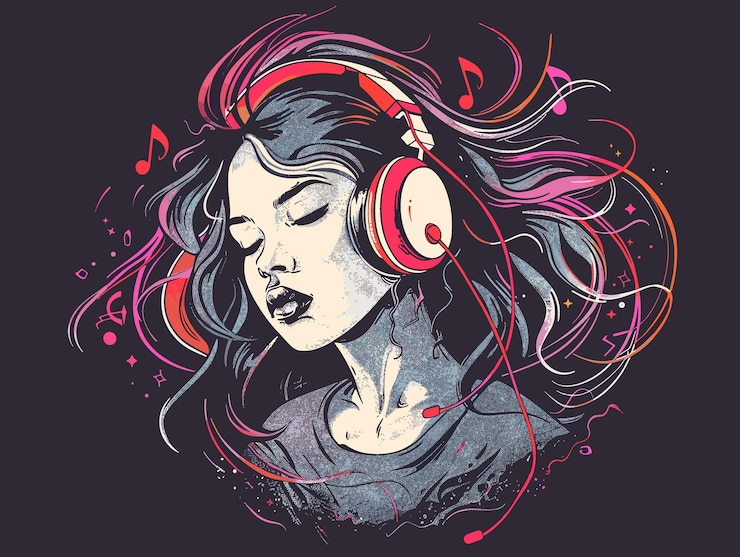 Vettore illustrazione vettoriale di una ragazza che ascolta musica con le cuffie su uno sfondo nero