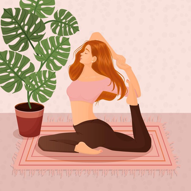 Illustrazione vettoriale di una ragazza dai capelli rossi che fa yoga a casa