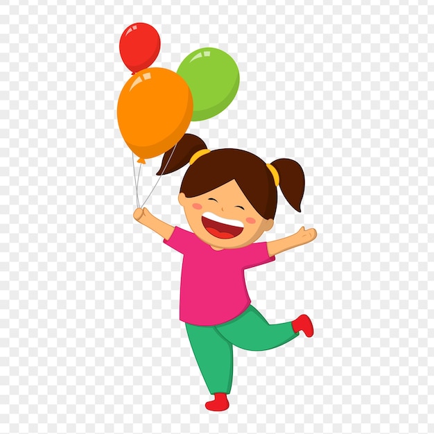 Illustrazione vettoriale di una ragazza felice con dei palloncini su uno sfondo trasparente