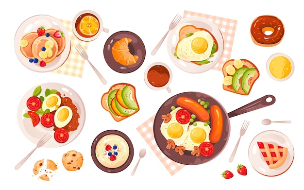 Illustrazione vettoriale di una sana colazione Un set di cibi per la colazione Pasto mattutino Menu della colazione