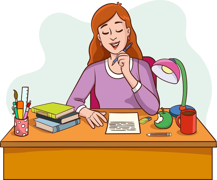 Vettore illustrazione vettoriale di una scrittrice che lavora, scrive e prende appunti