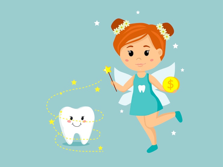 Illustrazione vettoriale di una simpatica fatina dei denti che vola con una bacchetta magica e un dente