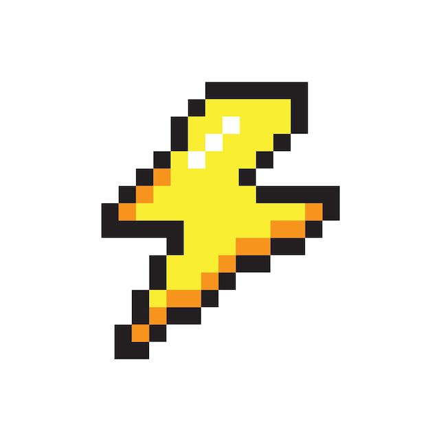 Illustrazione vettoriale di una simpatica icona pixel art Elemento fulmine geek nello stile del gioco degli anni '90