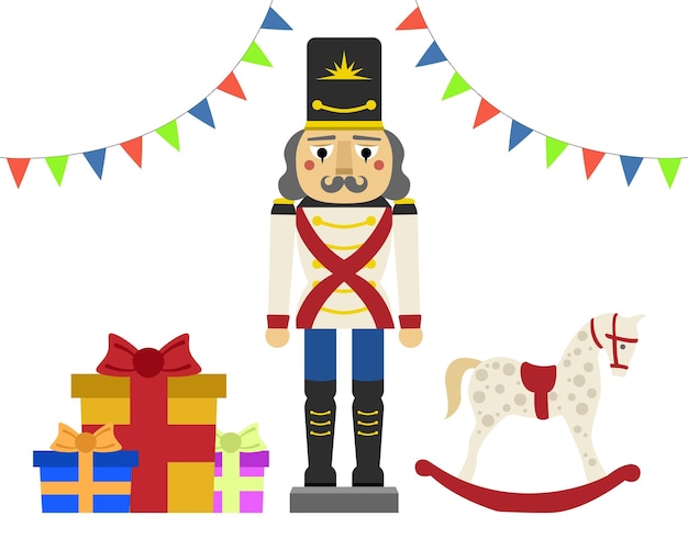 Illustrazione vettoriale di uno schiaccianoci con cavallo a dondolo e regali