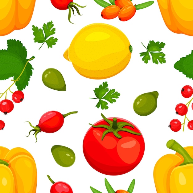 Illustrazione vettoriale di vitamina C fonte di cibo. Alimenti contenenti acido ascorbico. Frutta e verdura.limone, peperone, pomodoro, olivello spinoso, ribes rosso, prugna cacatua, rosa canina. Illustrazione vettoriale