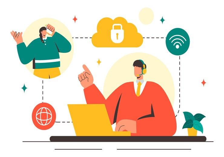 Vettore illustrazione vettoriale di voip o voice over internet protocol con tecnologia di schema telefonico e software di chiamata telefonica di rete su sfondo piatto