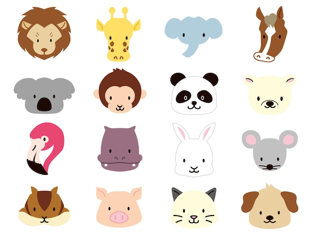 Illustrazione vettoriale di volti di animali in stile cartone animato piatto senza contorno