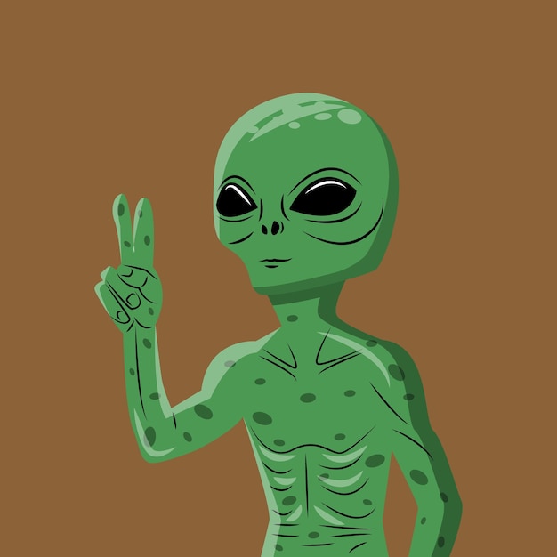 Illustrazione vettoriale disegnata a mano aliena verde. Marziano che mostra il primo piano del segno di pace Extraterrestre inv