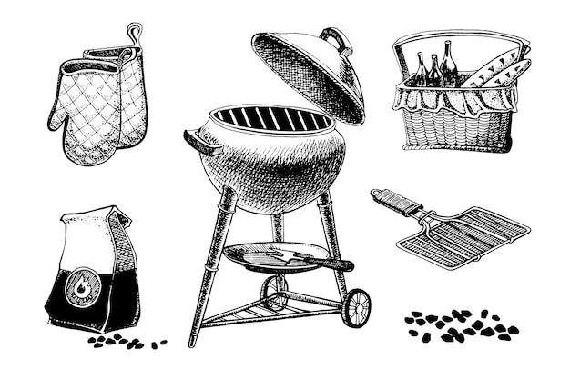 Illustrazione vettoriale disegnata a mano del set per barbecue con griglia per barbecue e guanti da forno