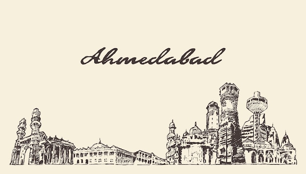 Illustrazione vettoriale disegnata a mano dello skyline di Ahmedabad, India