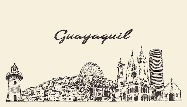 Illustrazione vettoriale disegnata a mano dello skyline di Guayaquil, Ecuador