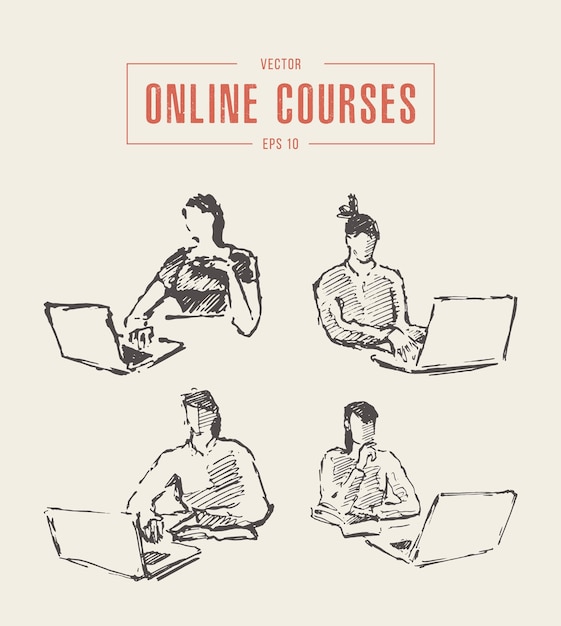Illustrazione vettoriale disegnata a mano di una ragazza che lavora a un computer portatile. Formazione, corsi online, freelance