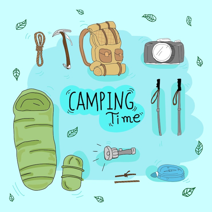 Vettore illustrazione vettoriale disegnata a mano in stile doodle da campeggio