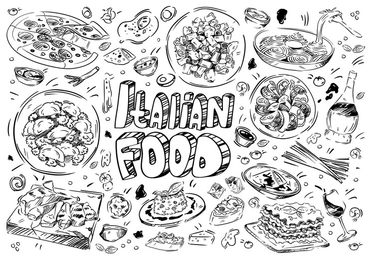 Vettore illustrazione vettoriale disegnato a mano doodle cibo italiano pizza chese bruschetta pasta carbonara risotto lasagne pesto ravioli basilico carne vino fiorentina