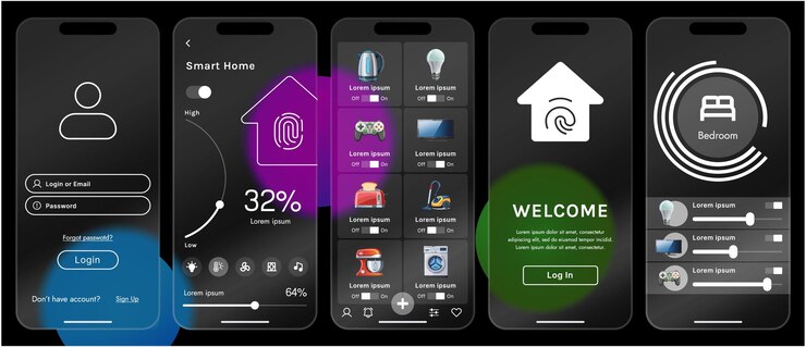 Vettore illustrazione vettoriale elegante di un'interfaccia di app per la casa intelligente visualizzata su uno smartphone
