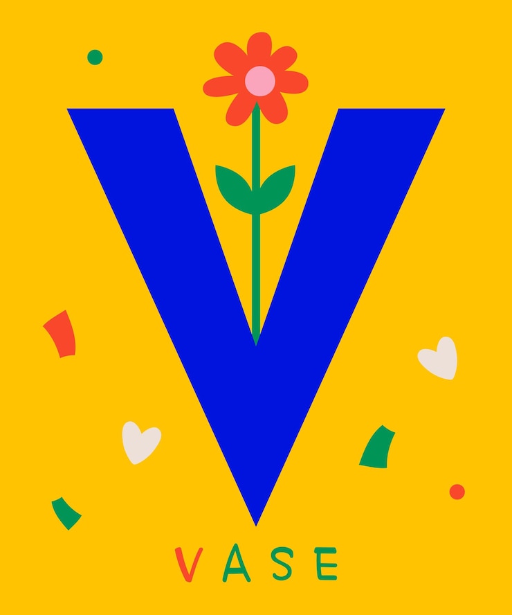Vettore illustrazione vettoriale giocosa che raffigura un'audace lettera blu v integrata con un fiore colorato in un vaso lo sfondo giallo brillante e gli elementi decorativi trasmettono un design artistico allegro