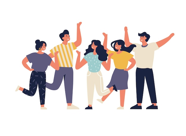 Illustrazione vettoriale giovani che si divertono. Concetto di emozioni positive. Gruppo di personaggi che si divertono e festeggiano.
