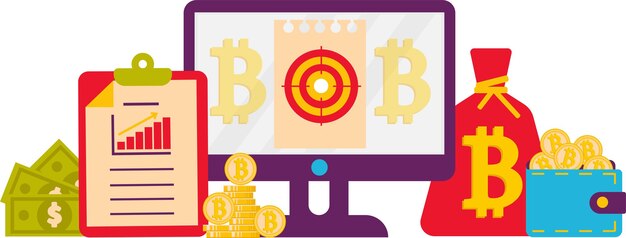 Illustrazione vettoriale, il concetto di criptovaluta. Un computer con un obiettivo e un'icona bitcoin, denaro su Internet. Una scrivania da ufficio con documenti e denaro.